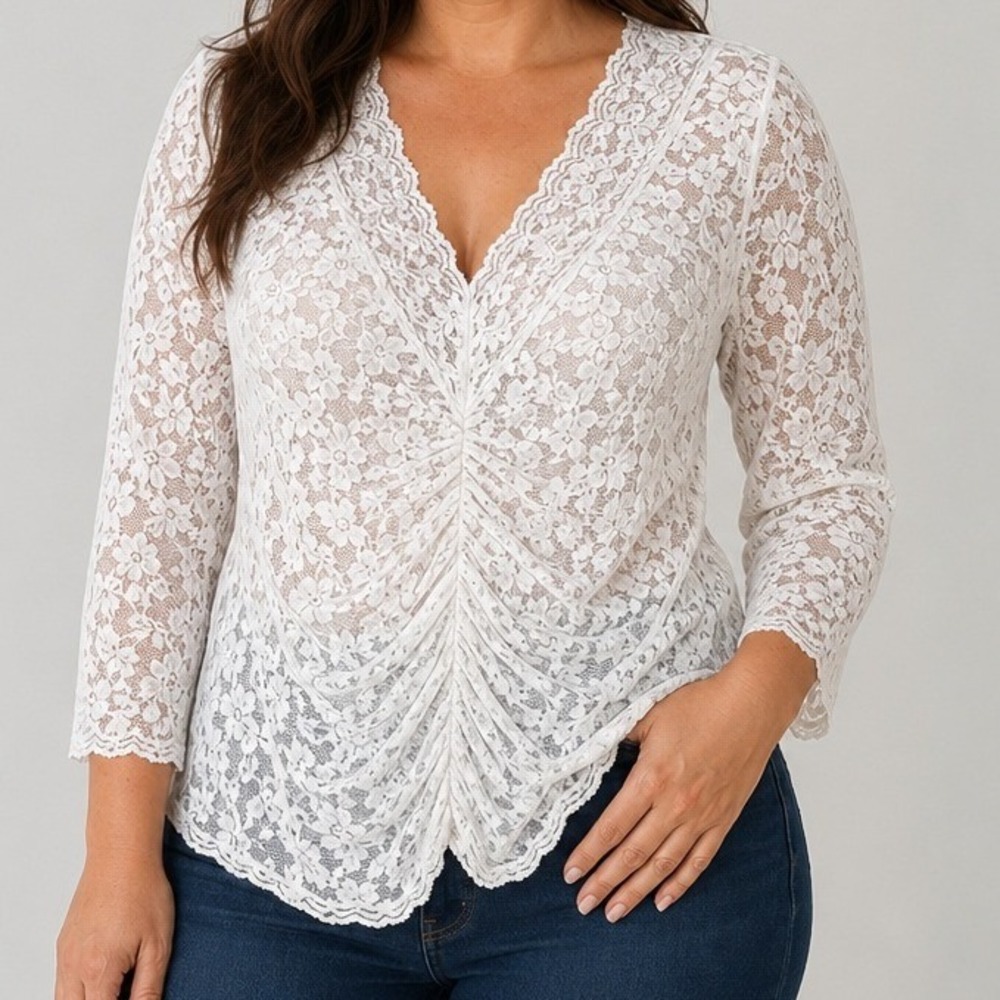 Karen Kane Coquette Balletcore Baddie NWT White Shirred Sheer Lace Top Large